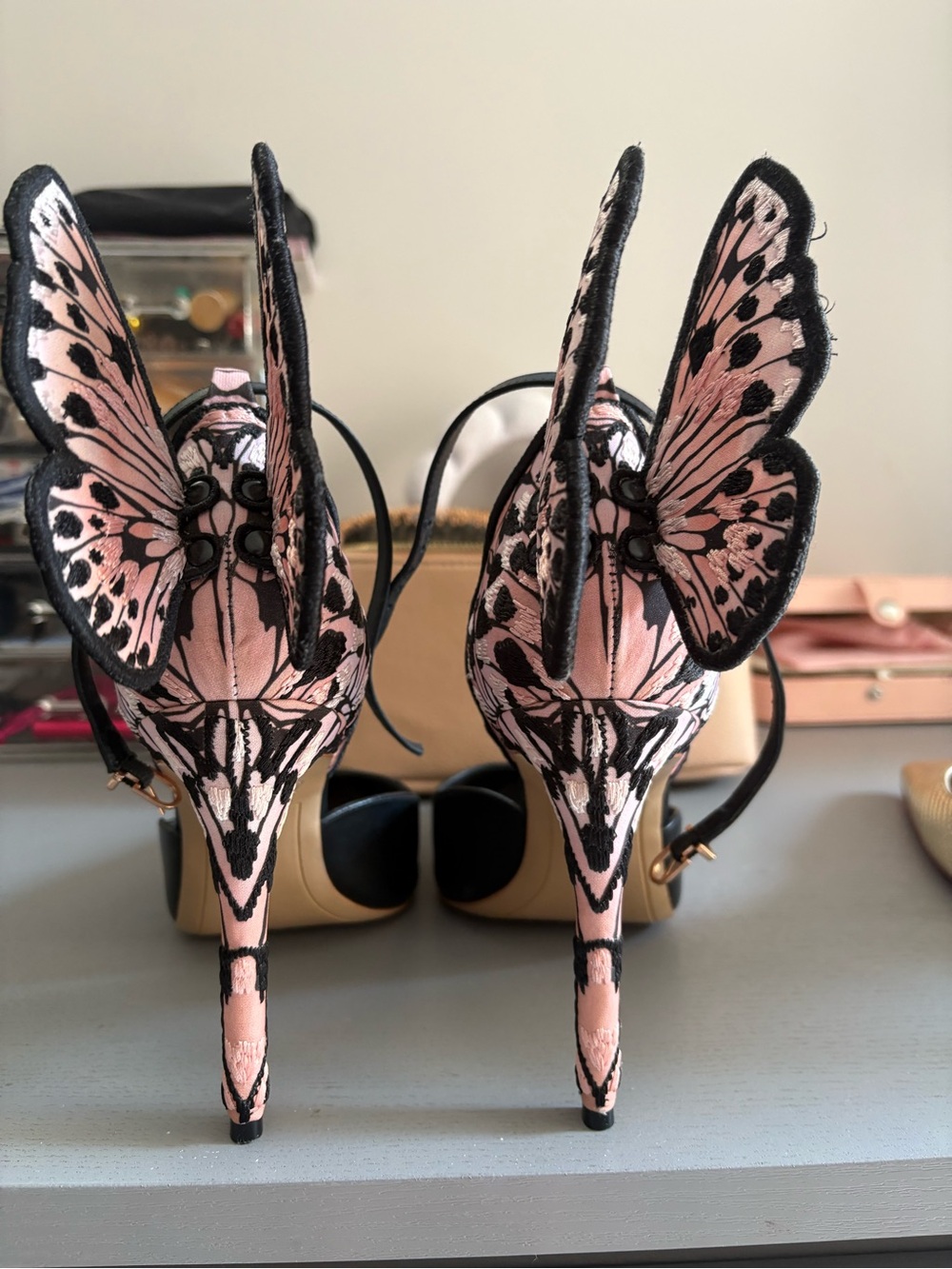 Sophia Webster Pink and Black Butterfly-Embellished High Heels